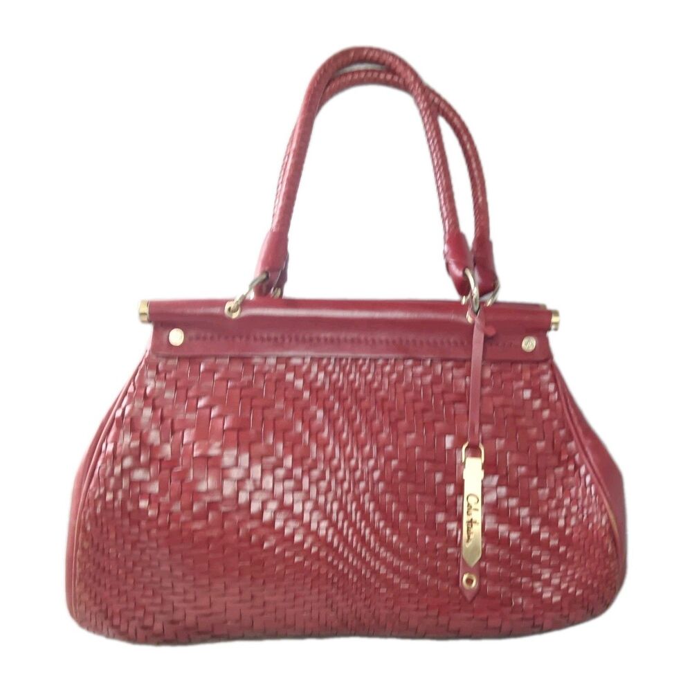 Cole Haan Woven Leather Handbag Maroon Red Satchel - Picture 2 of 12